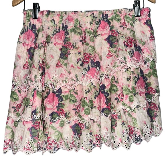 LoveShackFancy Women’s Size M Ivory Cabbage Rose Print Tiered Mini Skirt - Picture 1 of 5